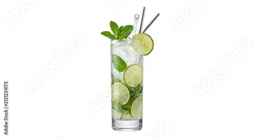 Obraz na plátně Refreshing mojito cocktail with mint leaves and lime slices in a tall glass