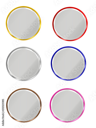 Premium Transparent Glass Circular Frame Collection with Gold, Silver, Red, Blue, Brown and Pink Crystal Glossy Borders, Luxury Empty Round Glass Panel for Logo, Badge, Button, UI Interface