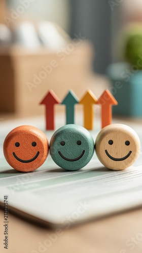 Minimalist Presentation Showcasing Employee Motivation Job Satisfaction Smiley Faces Alongside Growth Arrows In Professional Workspace
