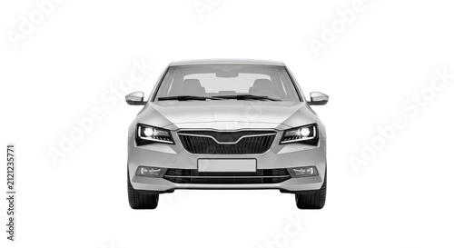 фотографія Front view of a modern silver sedan with illuminated headlights