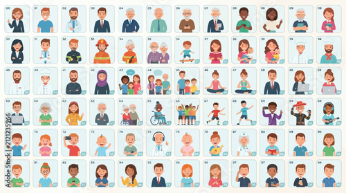 People avatars demonstrate a diverse range of ages and professions arranged in a structured grid for digital identification purposes.