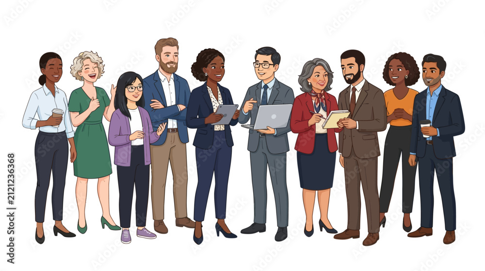 Obraz premium Business professionals stand together in a diverse group while wearing formal office attire for a corporate portrait.