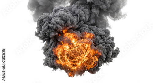 Obraz na plátně Intense fiery explosion with dark smoke billowing outwards against a white backg