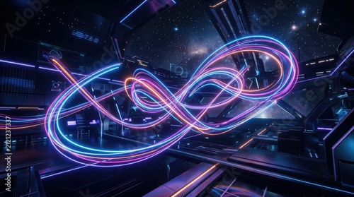Futuristic Space Station Interior with Neon Infinity Light Trails