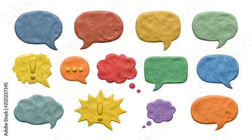 Clay speech bubbles set, colorful plasticine talk clouds on white background, handmade modeling clay chat icons for social media