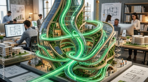 Neon-Green Spiral Roads Around Ecological Complex Architectural Model