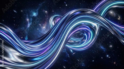 Neon Metallic Ribbon Waves Flowing Through Space