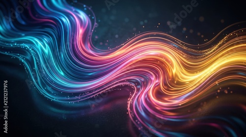Vibrant Neon Light Wave Swirls with Sparkles on Dark Backdrop