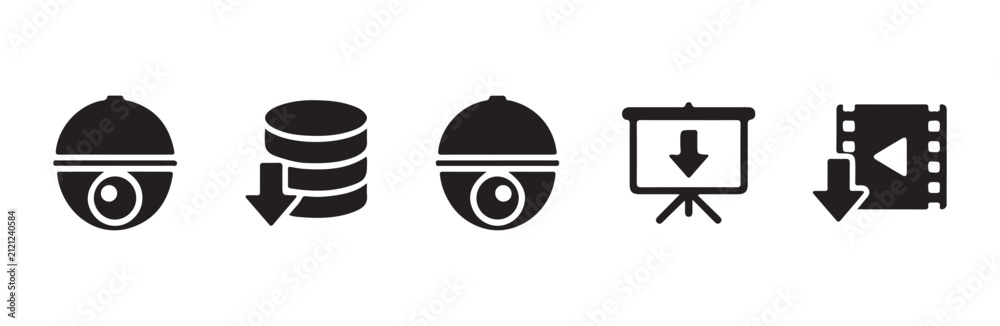 Fototapeta premium Download icon set, cctv camera, database, presentation and video.
