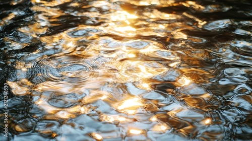 Golden water ripples background. Sunlit liquid surface with abstract light reflections.