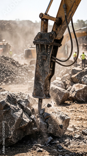 Extreme close-up of a heavy hydraulic hammer attached to an excavator crushing large boulders on a dusty construction site