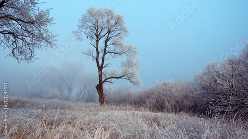 Frosty tree in winter field with icy branches under clear blue sky