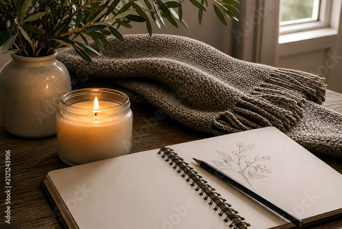 Candle near open sketchbook on the table