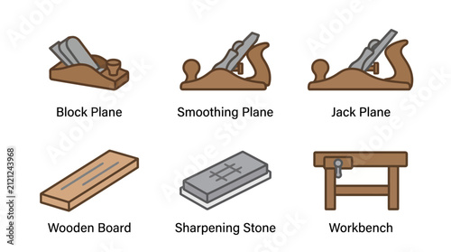 Woodworking tools: block plane, smoothing plane, jack plane, wooden board, sharpening stone, workbench