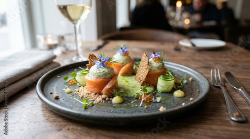 A refined smoked salmon appetizer with avocado, edible flowers, and artistic garnishes is elegantly plated in a modern fine dining restaurant.