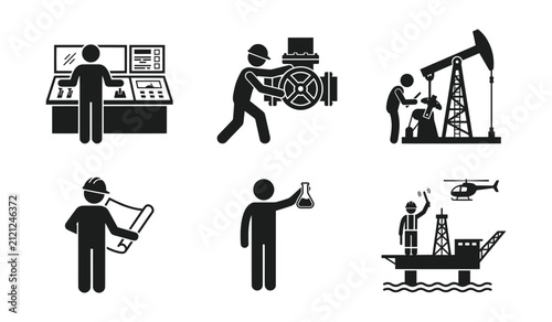 Oil industry workers various tasks vector icons