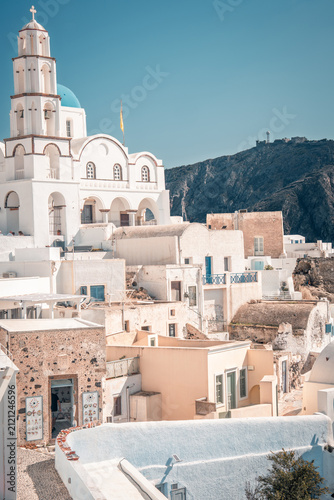 Pyrgos kallistis village on santorini showing white cycladic architecture and a prominent church