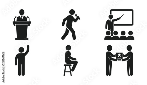 Six black icons of public speaking and communication