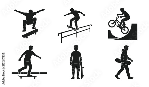 Skateboarder performing tricks and sports icons