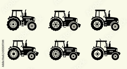 Agricultural tractor silhouettes side view.