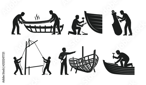 People building traditional wooden boat step by step