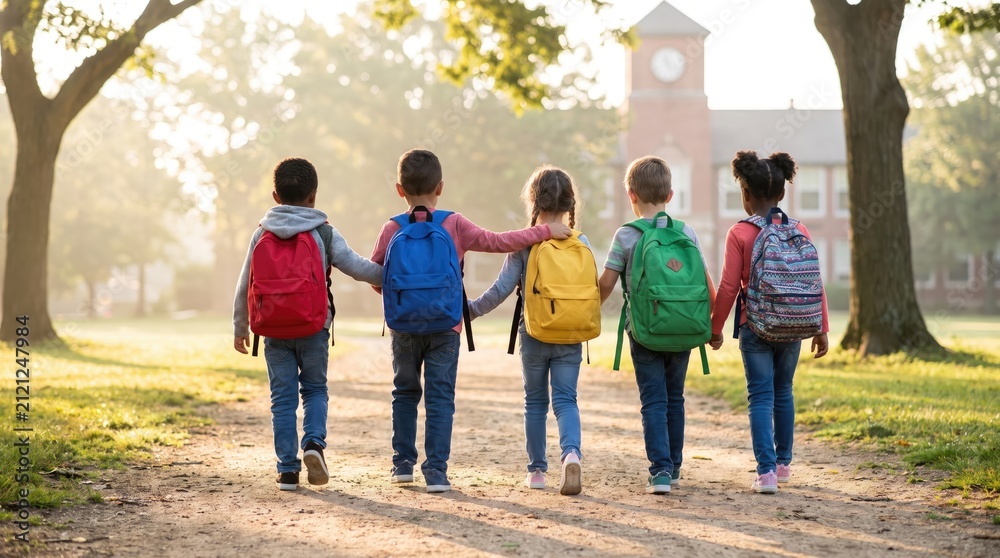 Fototapeta premium A group of happy diverse school children walking together towards their school building celebrating a special happy teachers day morning event outdoors