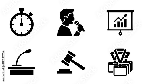 Obraz na plátně Presentation Icons: Stopwatch, Speaker, Chart, Microphone, Gavel, Awards, Busine