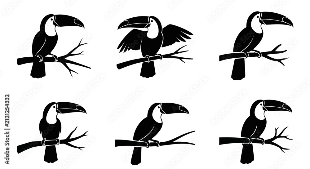 Obraz premium Silhouettes of toucan birds perched on tree branches.