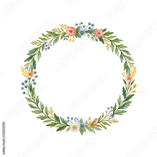Watercolor circular wreath with layered green leaves and small pink, blue, white and orange flowers in a soft cottagecore style, ideal for invitations and stationery.