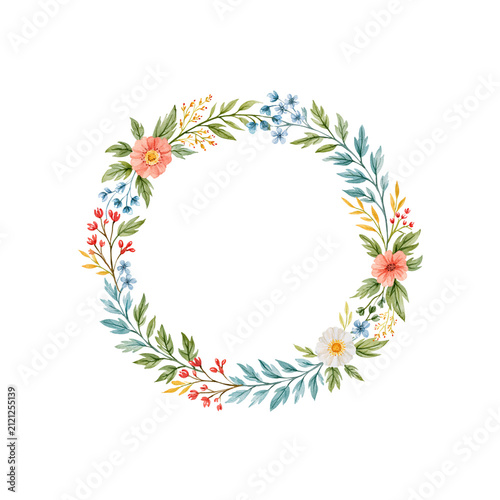 Watercolor circular wreath with peach-pink flowers, small blue blooms, white daisies, green leaves and orange accents, ideal for wedding invitations, branding and spring stationery.