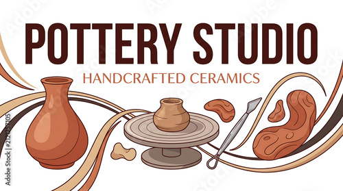 Pottery studio logo showcases handmade clay ceramics and tools.