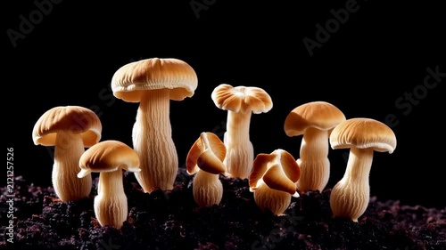 Close-up time-lapse of mushrooms growing in sequence