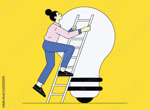 Woman Climbing Ladder to Giant Lightbulb - Flat Vector Illustration of Idea Growth and Success Concept