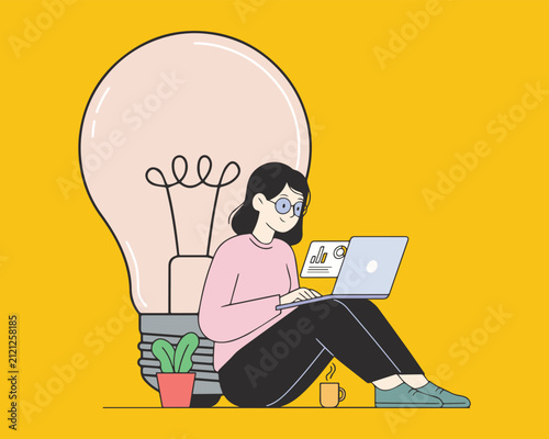 Woman Working on Laptop Leaning on Giant Lightbulb - Flat Vector Illustration of Remote Work and Ideas Concept