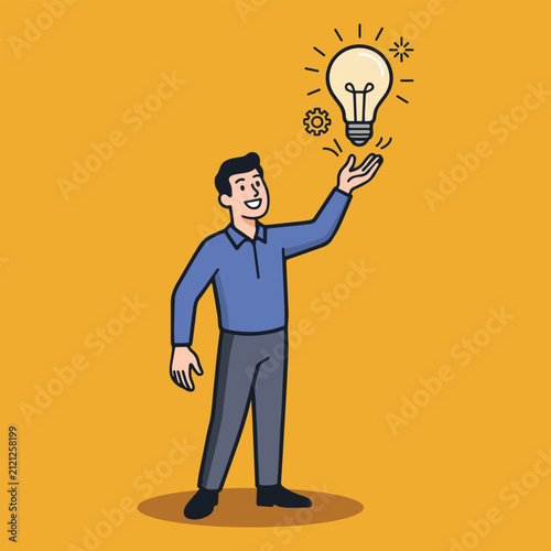 Man Having Bright Idea - Flat Vector Illustration of Businessman Reaching for Glowing Lightbulb with Gear Icon