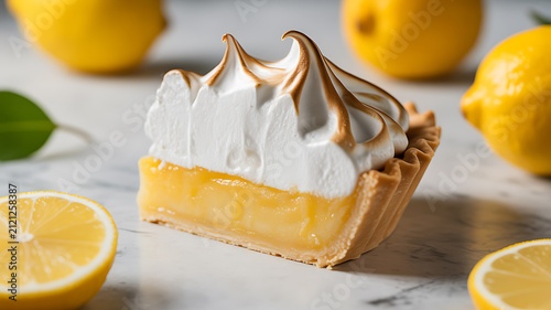 A slice of lemon meringue pie with toasted meringue topping, surrounded by whole and halved lemons on a marble surface.