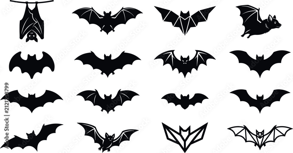 Fototapeta premium Black Bat Silhouette Vector Icon Set Featuring Flying and Hanging Bats for Halloween Party Decorations, Spooky Patterns, and Gothic Designs