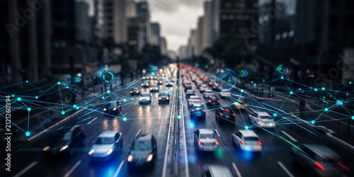 Smart city traffic network photography showcasing connected autonomous cars, digital data overlay and urban vehicle movement, representing intelligent transportation and future mobility