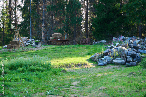 Wooden Cart with Hay Bale in Rural Forest Landscape