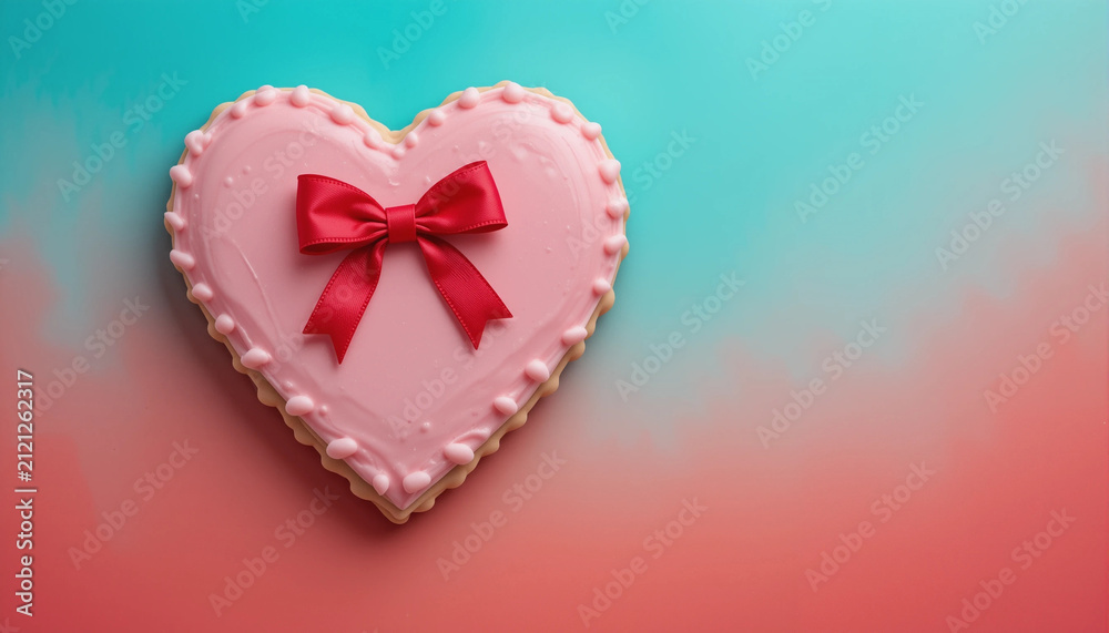 Obraz premium Heart-shaped pink cookie with icing and a red bow on a colorful gradient background, ideal for Valentine's Day or romantic occasions