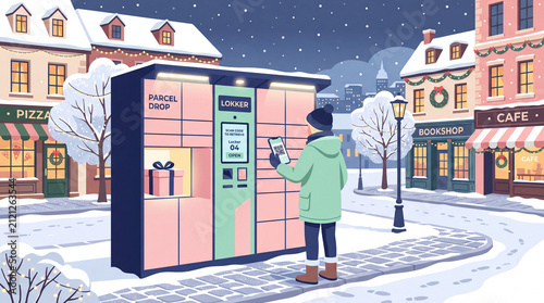 Person using smartphone to pick up Christmas gift package from automated parcel locker on snowy town street flat vector illustration