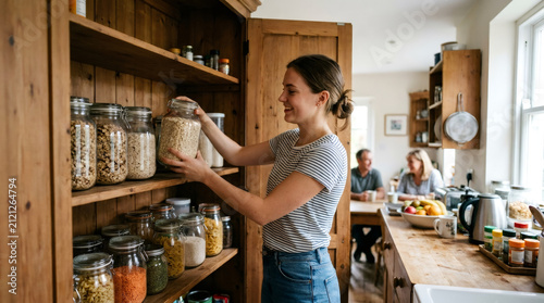 Woman organizing glass food jars with grains and dry goods on wooden pantry shelf. Sustainable home lifestyle and kitchen storage organization. Healthy nutrition and plastic free concept.
