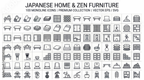 Japanese home and zen furniture monoline icons set