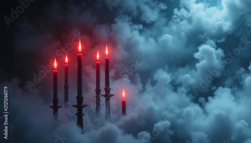 Atmospheric Halloween scene featuring black candles, crimson flames, and curling smoke against a dark background with copy space.