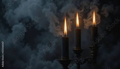 Glowing golden flames rise from black candles as smoky mist curls around them, creating a dramatic Halloween backdrop with copy space.