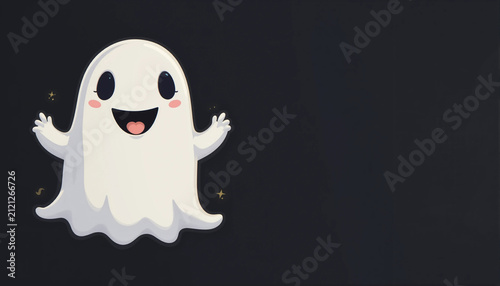 Charming cartoon spirit floating gently on a black background, bringing a fun and lighthearted Halloween atmosphere. Copy space.