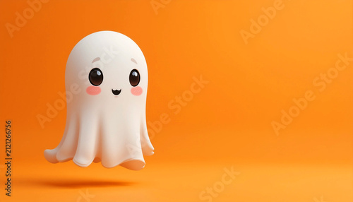 Cute cartoon ghost floating with a cheerful smile and large expressive eyes on a vibrant orange background, ideal for Halloween designs. Copy space.