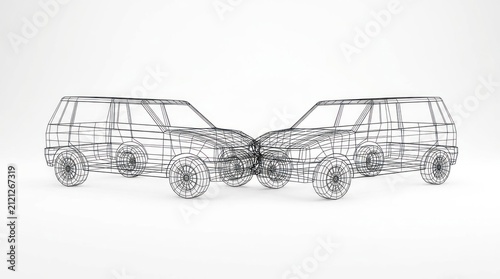 Wireframe model of two suv vehicles facing each other isolated
