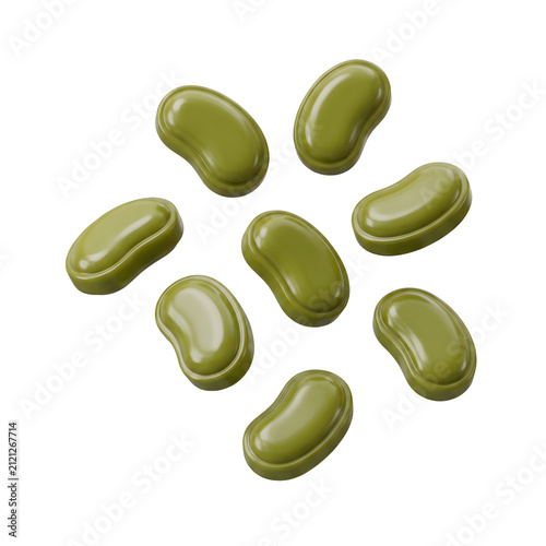 Group of glossy olive green bean shaped candies floating against plain white with candies arranged scattered displays seven glossy on transparent background
