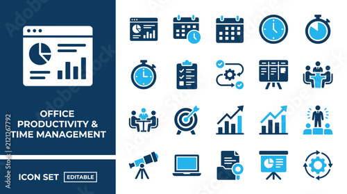Office productivity and time management business icon set
